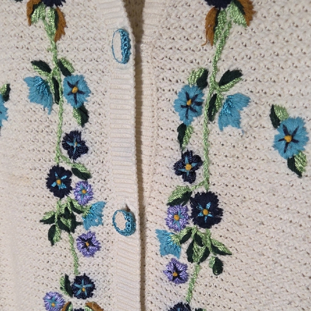 Cream Cardigan with Blue And Purple Floral Embroidery - Picture 5 of 7